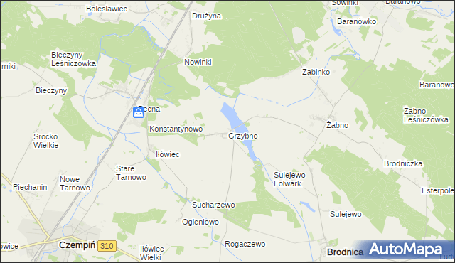 mapa Grzybno gmina Brodnica, Grzybno gmina Brodnica na mapie Targeo