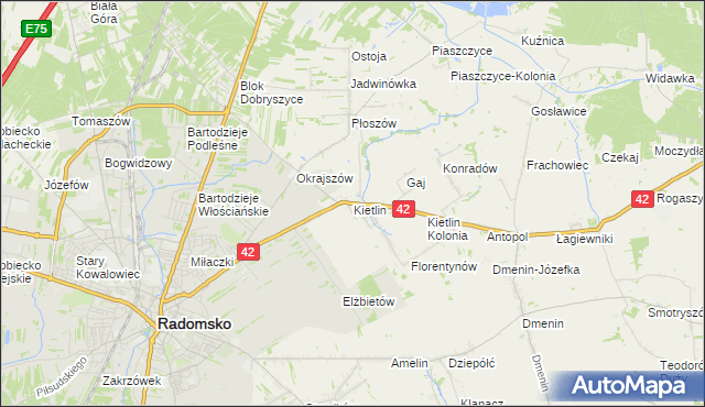mapa Kietlin gmina Radomsko, Kietlin gmina Radomsko na mapie Targeo