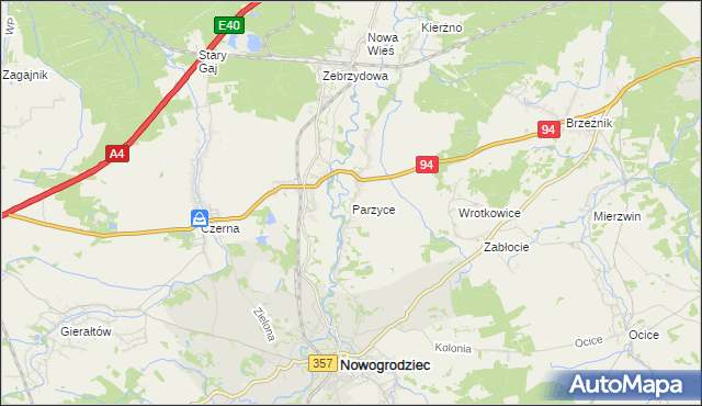 mapa Parzyce gmina Nowogrodziec, Parzyce gmina Nowogrodziec na mapie Targeo