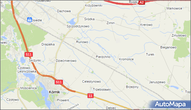 mapa Pierzchno gmina Kórnik, Pierzchno gmina Kórnik na mapie Targeo