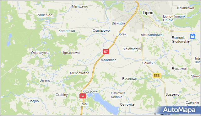 mapa Radomice gmina Lipno, Radomice gmina Lipno na mapie Targeo