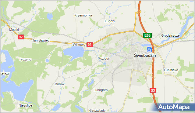 mapa Rozłogi gmina Świebodzin, Rozłogi gmina Świebodzin na mapie Targeo