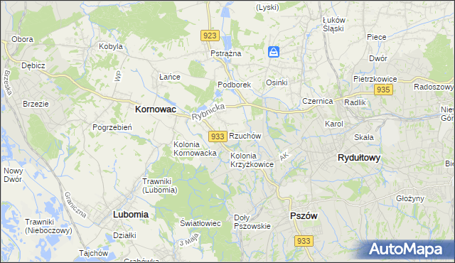 mapa Rzuchów gmina Kornowac, Rzuchów gmina Kornowac na mapie Targeo