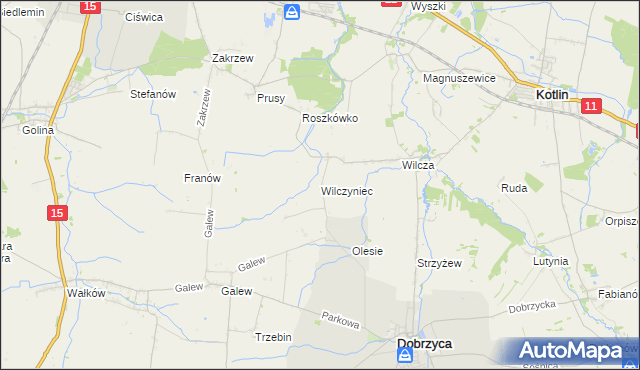 mapa Wilczyniec gmina Jarocin, Wilczyniec gmina Jarocin na mapie Targeo