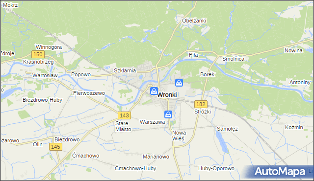 mapa Wronki powiat szamotulski, Wronki powiat szamotulski na mapie Targeo