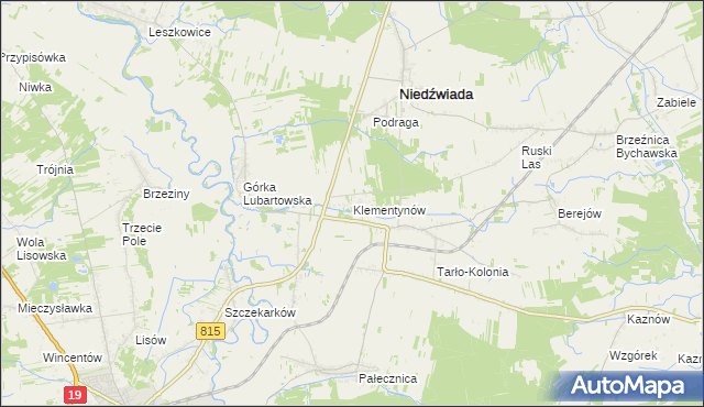 mapa Klementynów gmina Niedźwiada, Klementynów gmina Niedźwiada na mapie Targeo