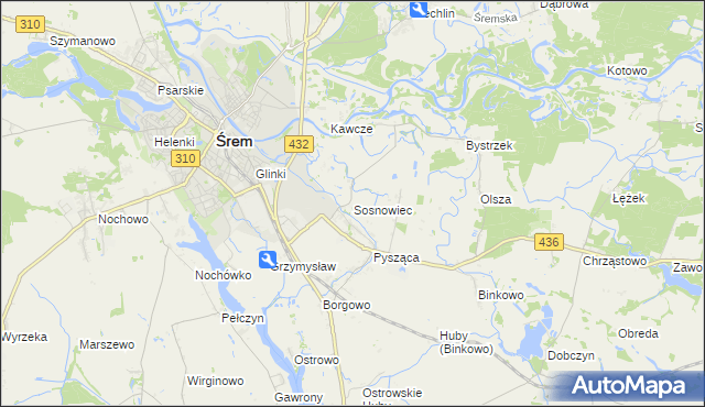 mapa Sosnowiec gmina Śrem, Sosnowiec gmina Śrem na mapie Targeo