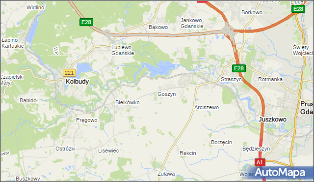 mapa Goszyn gmina Pruszcz Gdański, Goszyn gmina Pruszcz Gdański na mapie Targeo