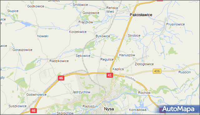 mapa Regulice gmina Nysa, Regulice gmina Nysa na mapie Targeo