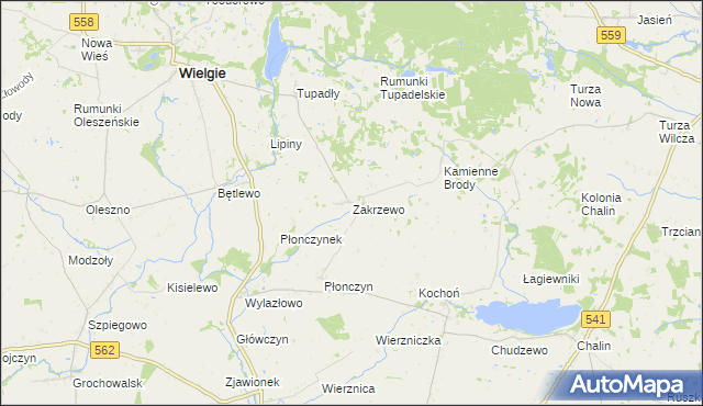 mapa Zakrzewo gmina Wielgie, Zakrzewo gmina Wielgie na mapie Targeo