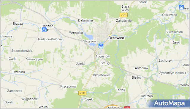 mapa Augustów gmina Drzewica, Augustów gmina Drzewica na mapie Targeo