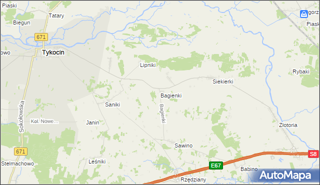 mapa Bagienki gmina Tykocin, Bagienki gmina Tykocin na mapie Targeo
