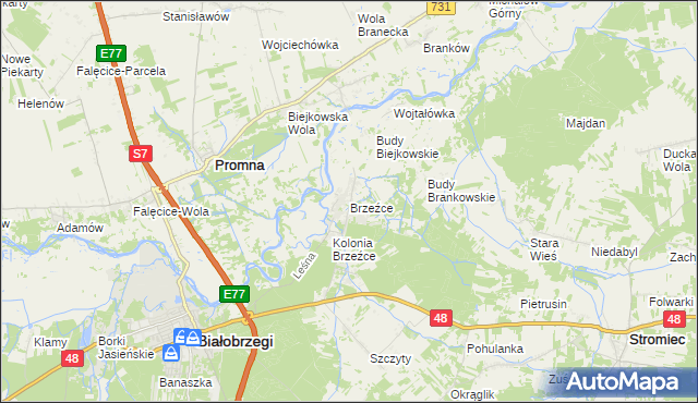 mapa Brzeźce gmina Białobrzegi, Brzeźce gmina Białobrzegi na mapie Targeo