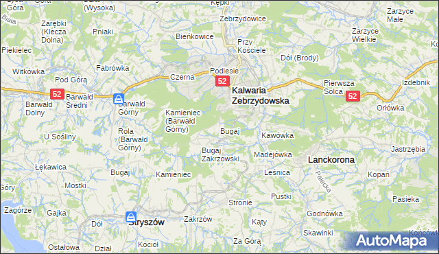 mapa Bugaj gmina Kalwaria Zebrzydowska, Bugaj gmina Kalwaria Zebrzydowska na mapie Targeo
