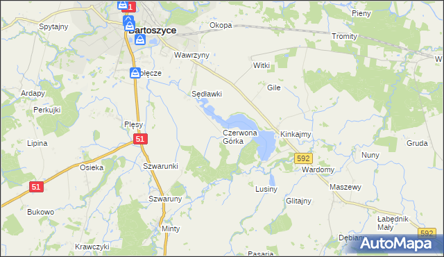 mapa Czerwona Górka gmina Bartoszyce, Czerwona Górka gmina Bartoszyce na mapie Targeo