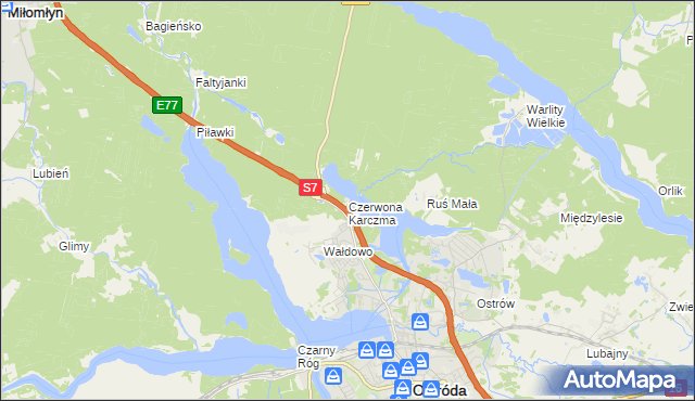 mapa Czerwona Karczma gmina Ostróda, Czerwona Karczma gmina Ostróda na mapie Targeo