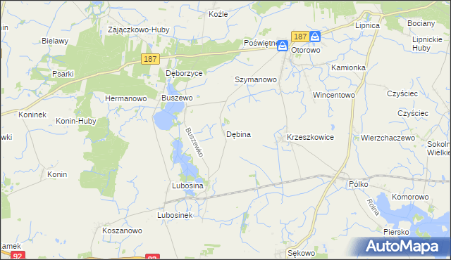 mapa Dębina gmina Pniewy, Dębina gmina Pniewy na mapie Targeo