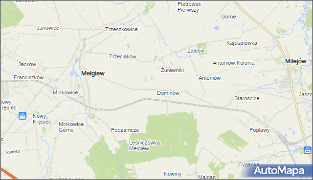 mapa Dominów gmina Mełgiew, Dominów gmina Mełgiew na mapie Targeo