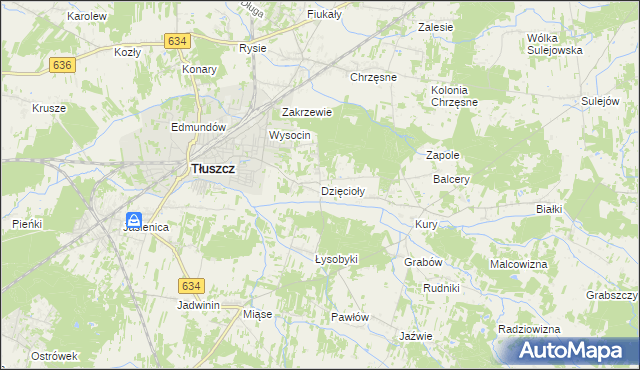 mapa Dzięcioły gmina Tłuszcz, Dzięcioły gmina Tłuszcz na mapie Targeo