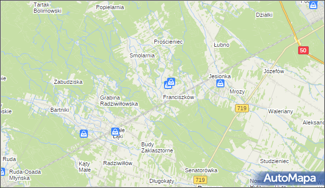 mapa Franciszków gmina Wiskitki, Franciszków gmina Wiskitki na mapie Targeo