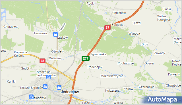 mapa Ignacówka gmina Jędrzejów, Ignacówka gmina Jędrzejów na mapie Targeo