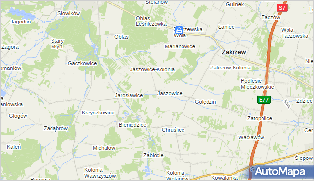 mapa Jaszowice gmina Zakrzew, Jaszowice gmina Zakrzew na mapie Targeo