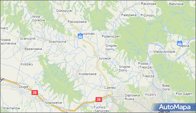 mapa Jurowce gmina Sanok, Jurowce gmina Sanok na mapie Targeo