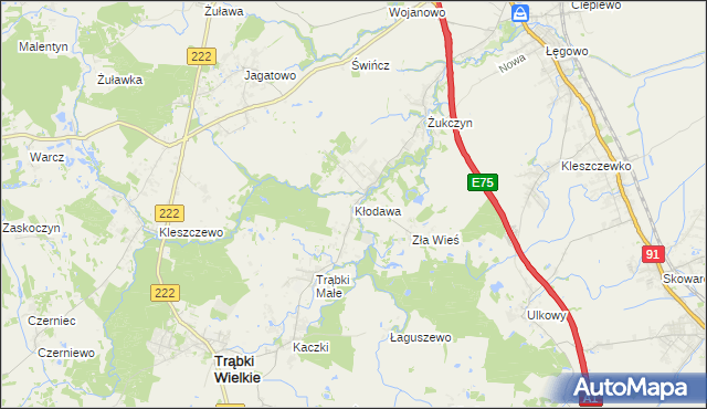 mapa Kłodawa gmina Trąbki Wielkie, Kłodawa gmina Trąbki Wielkie na mapie Targeo