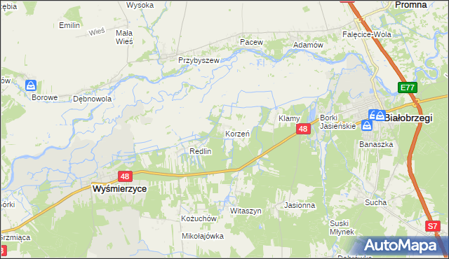 mapa Korzeń gmina Wyśmierzyce, Korzeń gmina Wyśmierzyce na mapie Targeo