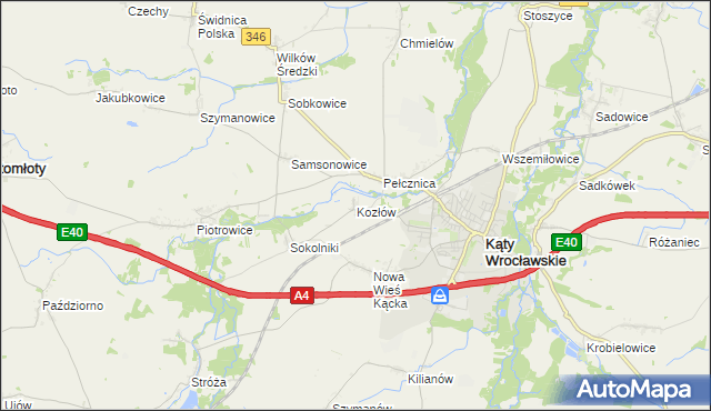 mapa Kozłów gmina Kąty Wrocławskie, Kozłów gmina Kąty Wrocławskie na mapie Targeo