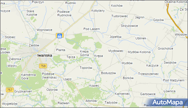 mapa Krępa gmina Iwaniska, Krępa gmina Iwaniska na mapie Targeo