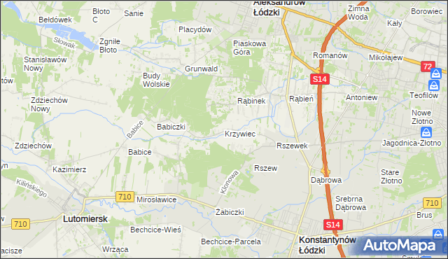 mapa Krzywiec gmina Aleksandrów Łódzki, Krzywiec gmina Aleksandrów Łódzki na mapie Targeo