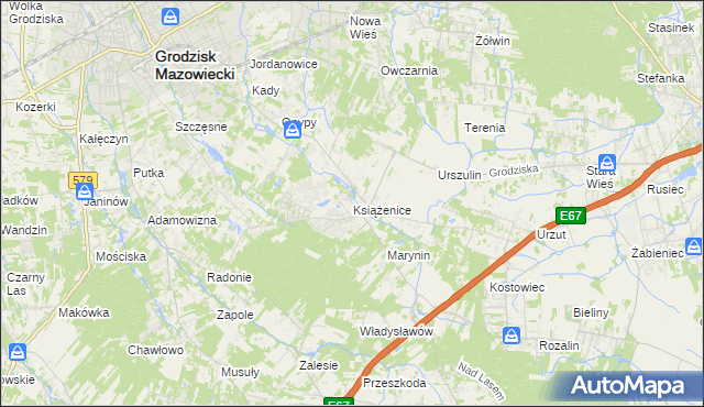 mapa Książenice gmina Grodzisk Mazowiecki, Książenice gmina Grodzisk Mazowiecki na mapie Targeo