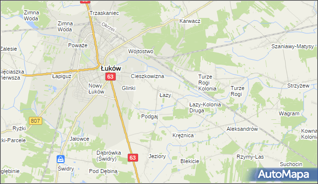 mapa Łazy gmina Łuków, Łazy gmina Łuków na mapie Targeo