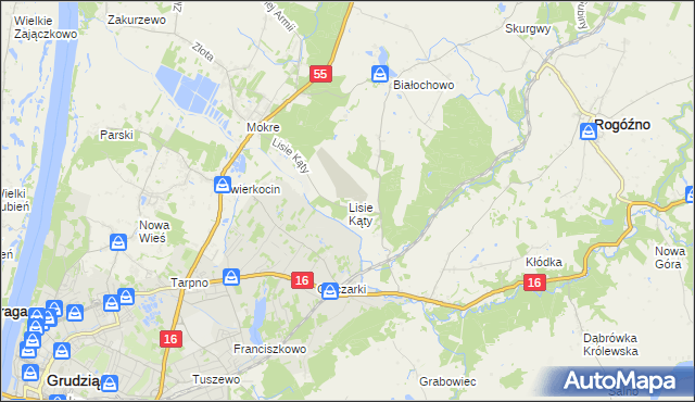 mapa Lisie Kąty gmina Grudziądz, Lisie Kąty gmina Grudziądz na mapie Targeo