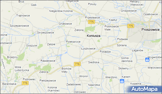 mapa Łyszkowice gmina Koniusza, Łyszkowice gmina Koniusza na mapie Targeo