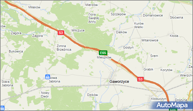 mapa Mieszków gmina Gaworzyce, Mieszków gmina Gaworzyce na mapie Targeo