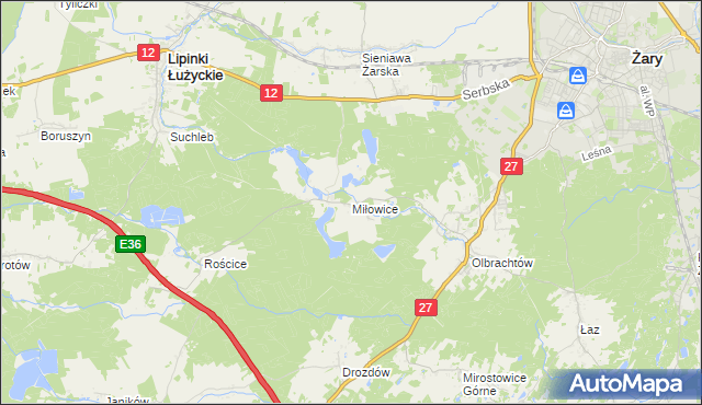 mapa Miłowice gmina Żary, Miłowice gmina Żary na mapie Targeo