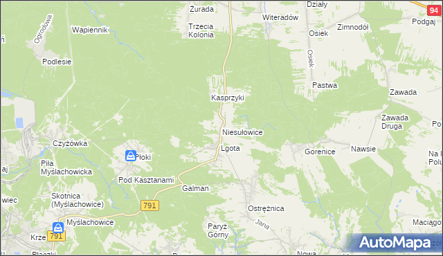 mapa Niesułowice gmina Olkusz, Niesułowice gmina Olkusz na mapie Targeo