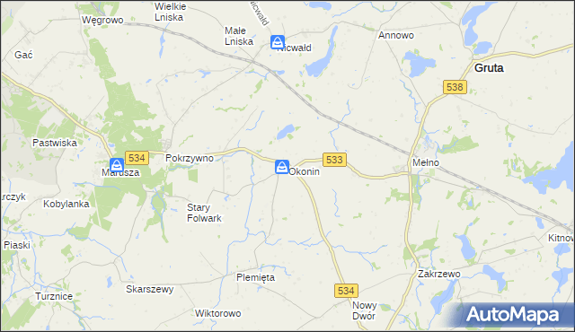 mapa Okonin gmina Gruta, Okonin gmina Gruta na mapie Targeo
