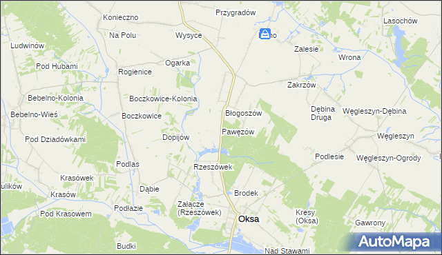 mapa Pawęzów gmina Oksa, Pawęzów gmina Oksa na mapie Targeo