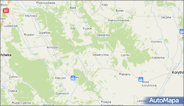 mapa Sewerynów gmina Korytnica, Sewerynów gmina Korytnica na mapie Targeo