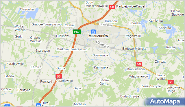 mapa Sosnowica gmina Mszczonów, Sosnowica gmina Mszczonów na mapie Targeo