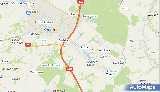 mapa Stróża gmina Kraśnik, Stróża gmina Kraśnik na mapie Targeo