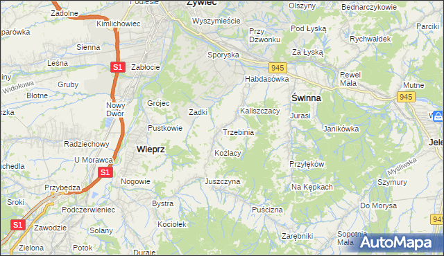 mapa Trzebinia gmina Świnna, Trzebinia gmina Świnna na mapie Targeo