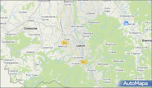 mapa Ustroń powiat cieszyński, Ustroń powiat cieszyński na mapie Targeo