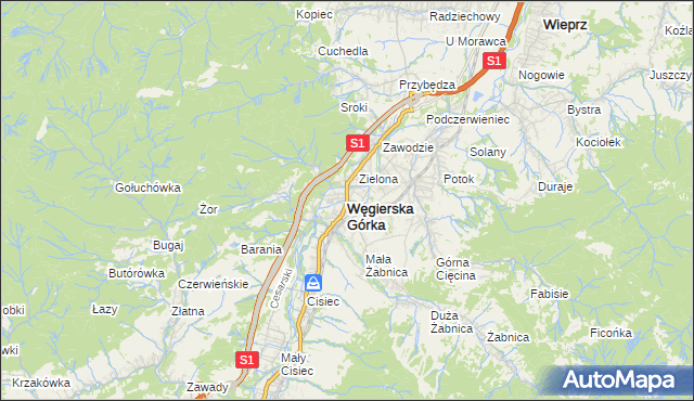 mapa Węgierska Górka, Węgierska Górka na mapie Targeo