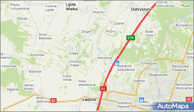 mapa Wierzbica gmina Ładzice, Wierzbica gmina Ładzice na mapie Targeo
