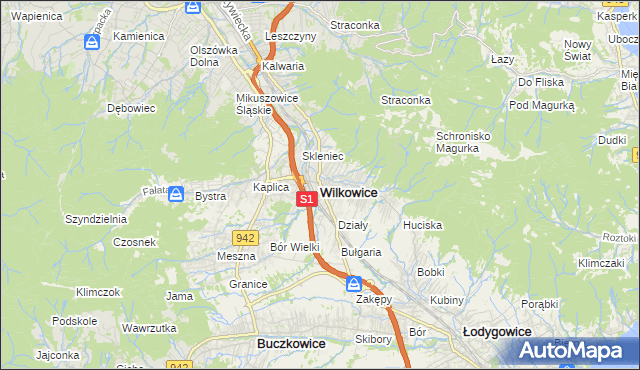 mapa Wilkowice powiat bielski, Wilkowice powiat bielski na mapie Targeo