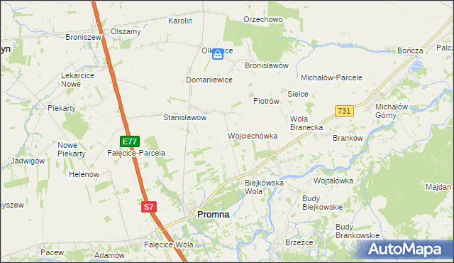 mapa Wojciechówka gmina Promna, Wojciechówka gmina Promna na mapie Targeo